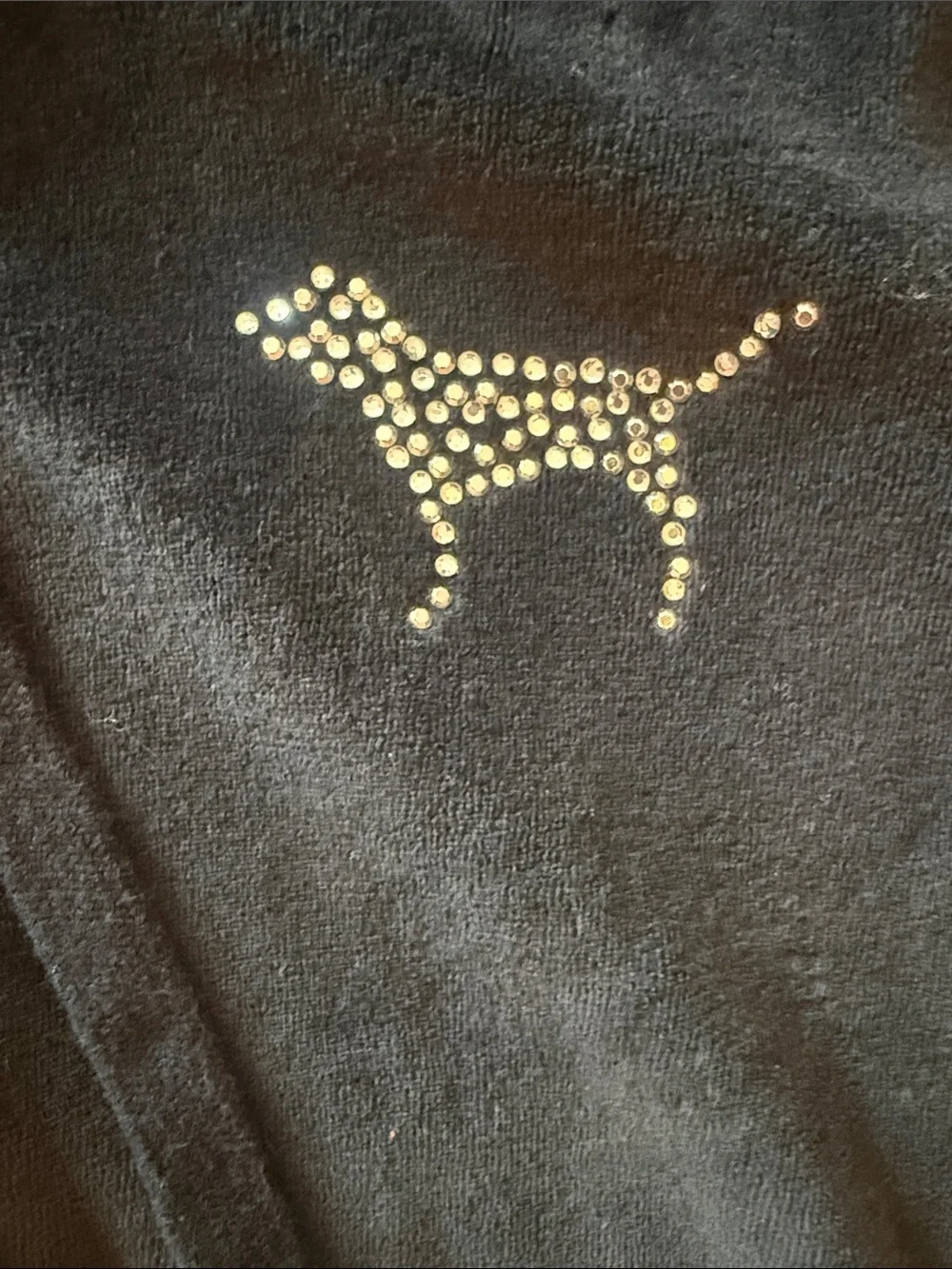PINK Victoria's Secret Black Velour Hoodie Jacket with Dog Logo , silver sequins